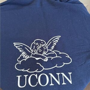 Whimsical UCONN Hoodie- plain navy blue front with angel logo on back